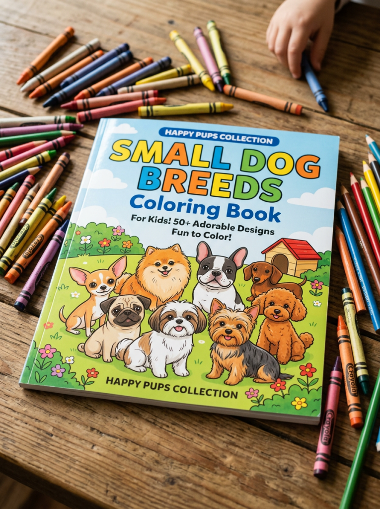 Small dog breeds coloring book titled Happy Pups Collection with cartoon dog illustrations surrounded by crayons and a child's hand.